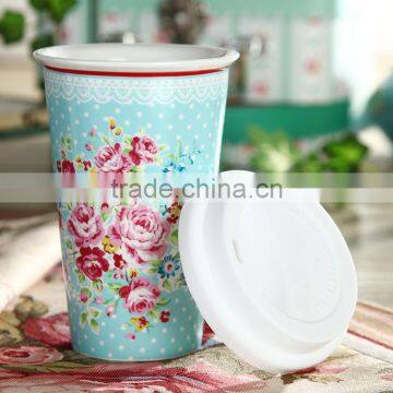 12oz Pink Flower Design Ceramic Double Wall Tumbler photo-4