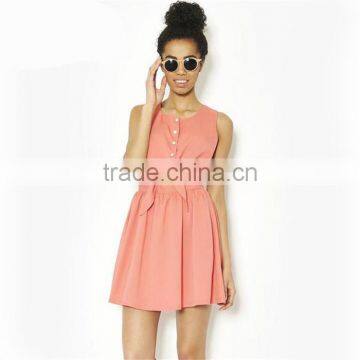 Pink Coral Sleeveless Buttons Mini Dress With Front Bow-Tie