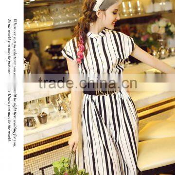 Women Fashion Short Sleeve White and Black Stripes Printing Button Down Loose Legging Casual Romper Jumpsuit photo-6