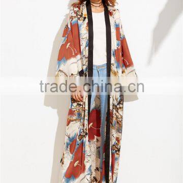 Custom Floral Print Women Beachwear Multicolor Flower Print Contrast Trim Belted Maxi Kimono photo-3