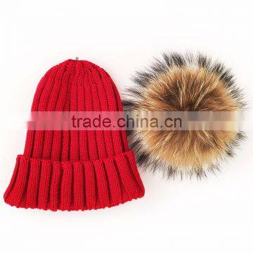 Myfur Lady Fashion Real Raccoon Fur Pompom Striped Knit Hat Wholesale