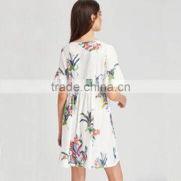 WHITE Flower Designed Short Dress, Women Chiffon Short Sleeve Dress photo-2