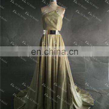 LN146 Real Sample 2016 Fashion Golden Belt Unique Neckline Olive Green Taffeta Wholesale Maxi Evening Dress photo-2
