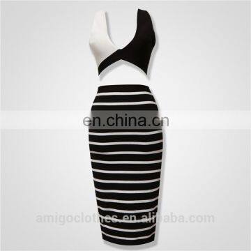 Amigo black and white 2pcs sets crop top and long strap pencil skirt bandage dress suit sexy evening dresses for women