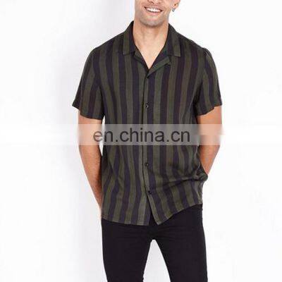 2021 Wholesale China new Shirt Designs Custom Casual Khaki Stripe Revere Short Sleeve Shirt For Men