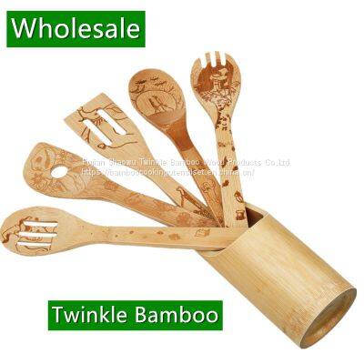 Bamboo cooking utensil set with bamboo holder wholesale from China