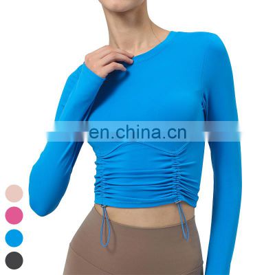 Drawstring Ruffles Thumb Holes Crop Tops Gym Fitness Top Sports T Shirts Long Sleeve Yoga Shirt For Women With Removable Pad