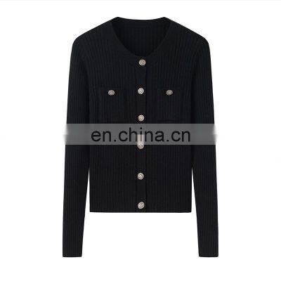 Autumn Manufacturer Custom 100% Cashmere Crew Neck Cardigan Sweater Knitted Solid Pattern Button Decoration Casual Style Winter