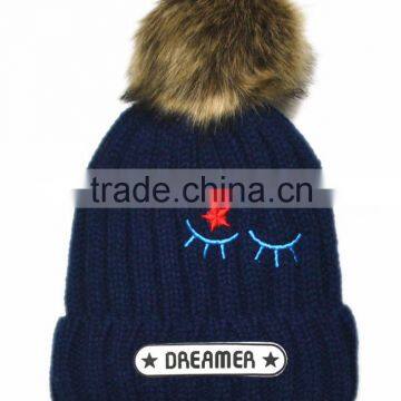 2015 Winter Latest DREAMER and Small Stars Embroidery Faux Fur Pom Pom Knitting Baby Kids Hat and Cap