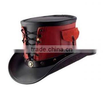 2015 FASHION STYLISH VESTED RED AND BLACK GENUINE LEATHER TOP HATS WITH CLOCKWORK BAND FOR MENS