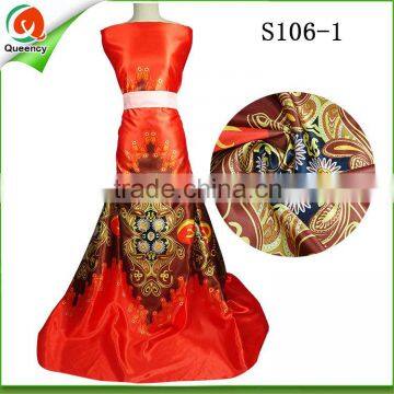 factory wholesale printed satin fabric raw silk satin fabric in red