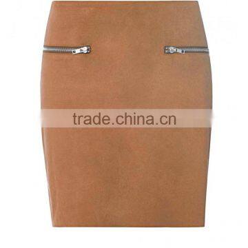 New Collection Pretty Tan Suedette Women Skirt with Zippers
