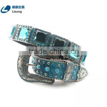 Blue Crystal Stripe Sparking Berry Leather Western Rhinestone Belt