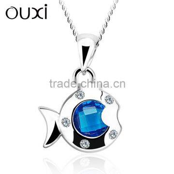 OUXI britainic Style blue crystal fish 925 sterling silver necklace Y30153