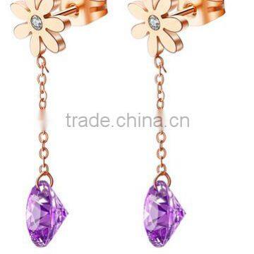 Stainless Steel amethyst dangle stud earring steel flower earring
