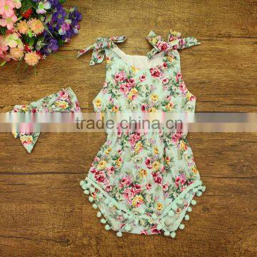 Wholesale Kids Jumpsuit Baby Girl Pom Pom Rompers With Rose Flower Baby Romper Clothes Baby Rose Floral Patterns photo-3