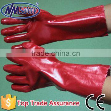 NMSAFETY Interlock liner full dip gauntlet red pvc coated work gloves 27cm long sleeve smooth finish