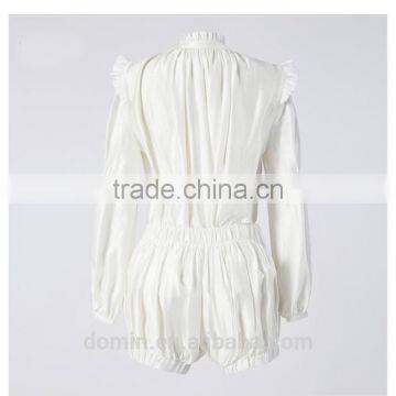 Fashion Design Ruffle Neckline Long Sleeve Blouse Top And Short 2pcs Co-ord Set photo-2