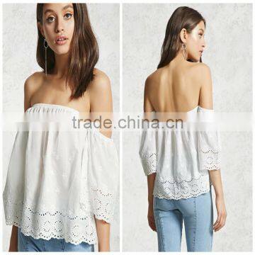 Woman White Color Cotton Off The Shoulder Half Sleeve Lace Hem Latest Blouse Designs