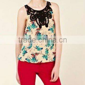 12TT054 Summer New Design Embellished Neck Printed Top