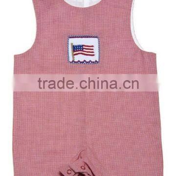 Baby Boy Red Micro Check Gingham Smocked American Flags Shortall