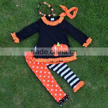 Fall clothes girls Halloween clothes girls black top sets kids pumpkin long sleeve sets with necklace and headband