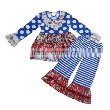 2017 Yawoo new designs ruffle tunic match stripe pants wholesale children clothing usa