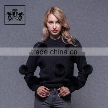 2017 Lovely hand made korean woollen cashmere sweater for ladies with fox fur pom pom