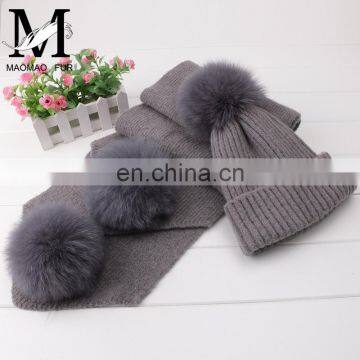 Winter Wool Knitted Beanies Scarf Fox Fur Pompom Knitted Hat Wool photo-5