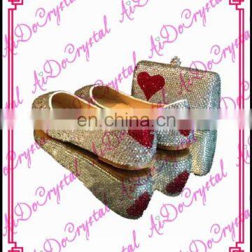 Aidocrystal Top quality silver crystal hearts women wedding party shoes and cluth bag