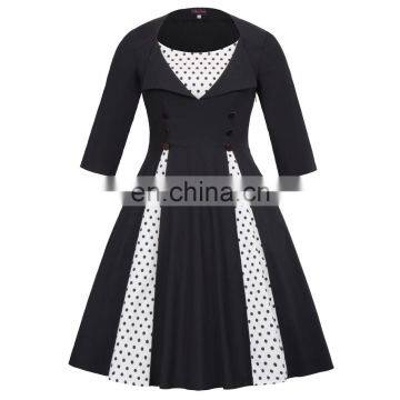 Hanna Nikole Retro Vintage Plus Size 3/4 Sleeve Black Polka Dots Patchwork Swing Party Dress HN0028-1