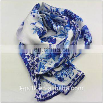 Fashionable Hot Sale Silk Satin Long Scarf for Female with Blue-and-White Pattern