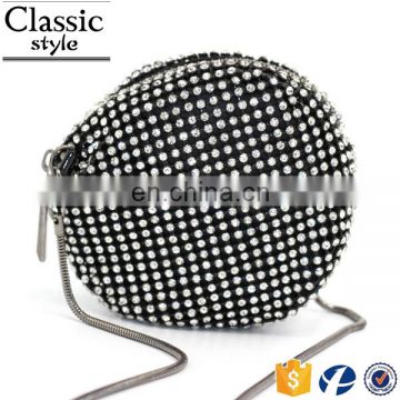 CR More than 80% customer repeat order shining diamond surface long chain round shaped black zipper new fashion mini coin purse