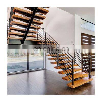 Central spine stair middle stringer staircases with wood tread and frameless glass railing