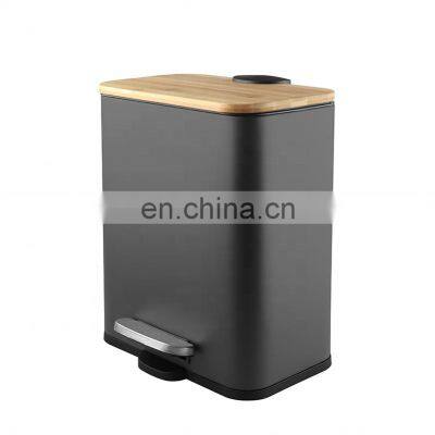 Unique design soft close thin bamboo pedal trash bin  6L office foot waste can pedal bin