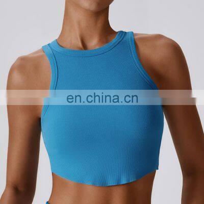 Ribbed Sleeveless Crop Gym Tank Quick Dry Tops Factory Sales U Hem Racerback Sports Bras 96rayon 4spandex photo-3