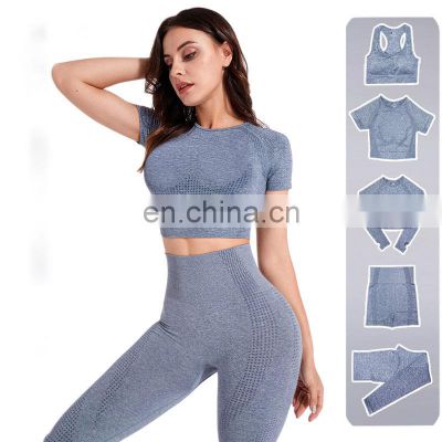 2/3/5PCS Seamless Women Yoga Set Workout Sportswear Gym Clothing Fitness Long Sleeve Crop Top High Waist Leggings Sports Suits