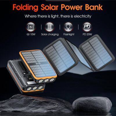 Portable folding solar power bank 20000mAh with built-in three wire 10W ultra large capacity wireless fast charging mobile power supply