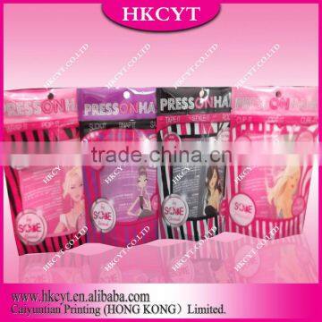 Customized design logo stand up Press on Hair 4 style zipper bag/New design packaging pouch for heat sealed