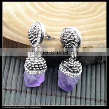 LFD-026E Wholesale Natural Amethyst Quartz Drop Dangle Earring With Pave Crystal Rhinestone Charm Jewelry Druzy Earrings