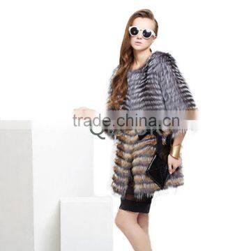 QD30983 Woman Real Fox Fur Coat In Silver and Brown Color 2015 New Style