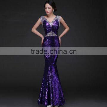 Women's New Purple V-Neck Solid Lace Floor-Length Evening Dress