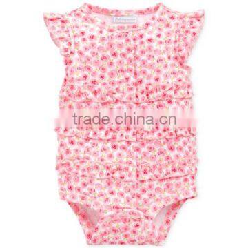 China Customed Wholesale Baby Girls Floral Printed Ruffle Sleeve Pink Romper