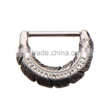 Gemmed Feather Nipple Clicker Ring