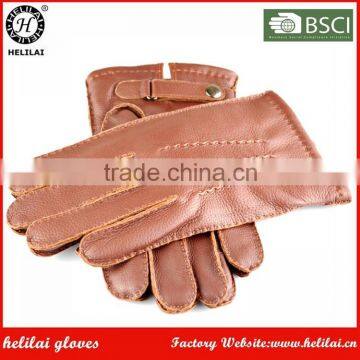 Classic Men 's Brown Leather Strap and Snap Button Topstitching Deerskin Deer Leather Dress Gloves with Wool Lining