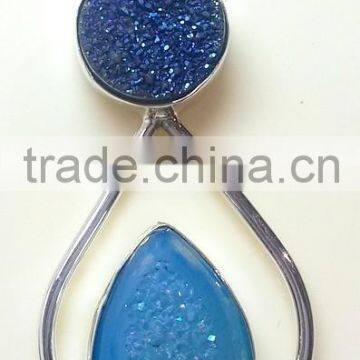 Blue Coated Druzy Gemstone Two Stone Pendant, 925 Sterling Silver Semi Gemstone Pendant, Rough Gemstone Pendant