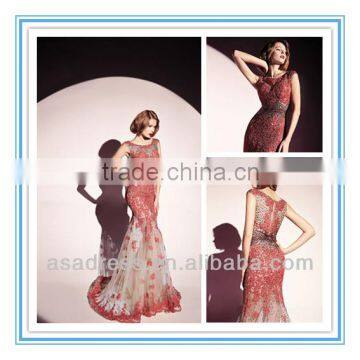 2014 Fashion Style Tull and Lace Bateau Neckline Mermaid Gown with Appliqued Evening Dresses in Wine Color (EVDT-1002)