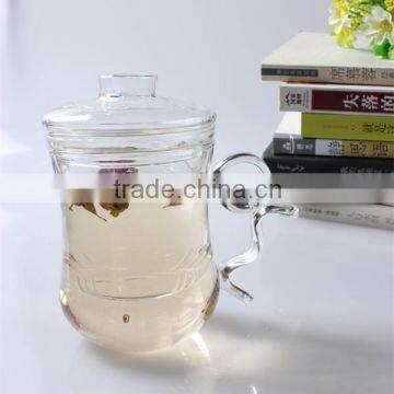 china wholesale high quality hand made clear glass drinking mug/cup with unique shape handle& infuser for elegant lady