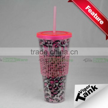 Rhinestone decorated Decal Cypress Cup with Straw