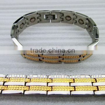 broad wide gold plated wheat pattern titanium bracelet with germanium stones